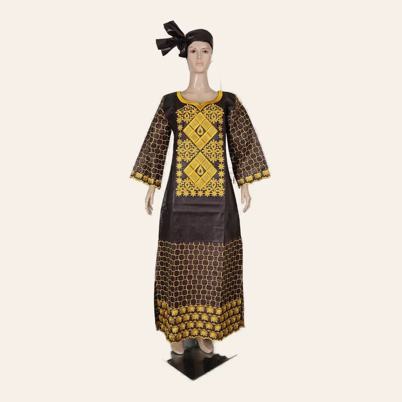 Robe Soirée Mariage Bazin Femme avec Écharpe Marron