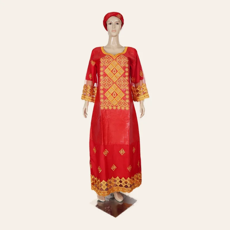 Robe Soirée Mariage Bazin Femme avec Écharpe Rouge