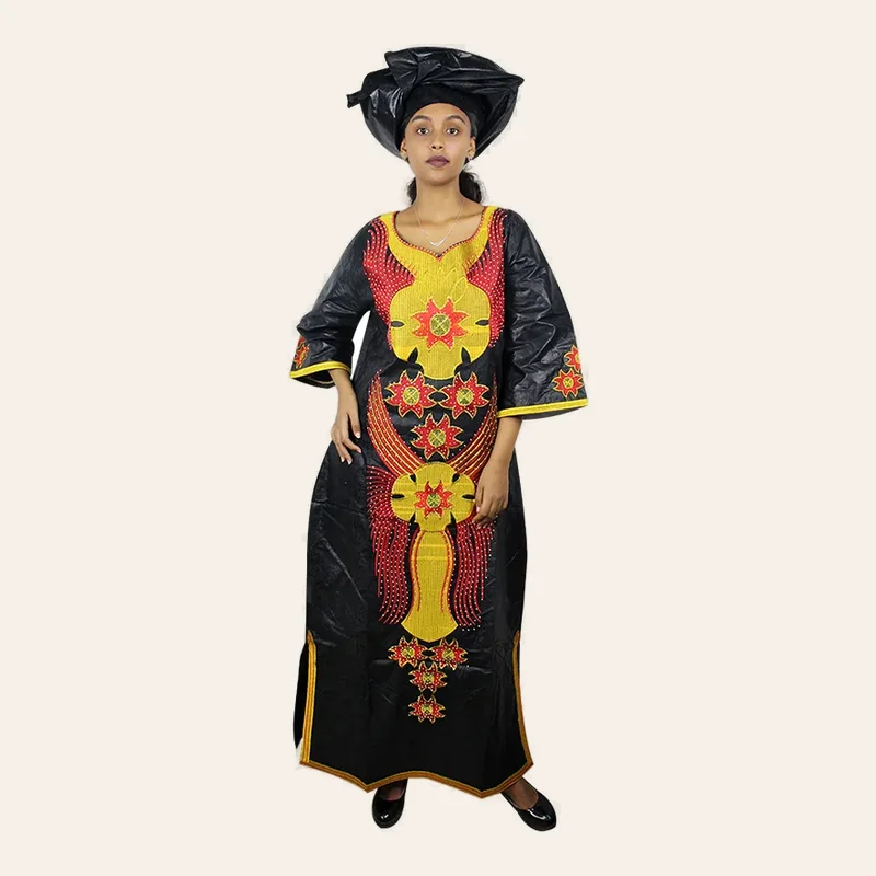 Robe Longue Bazin Femme avec Écharpe - Ensemble 2 pièces Noir