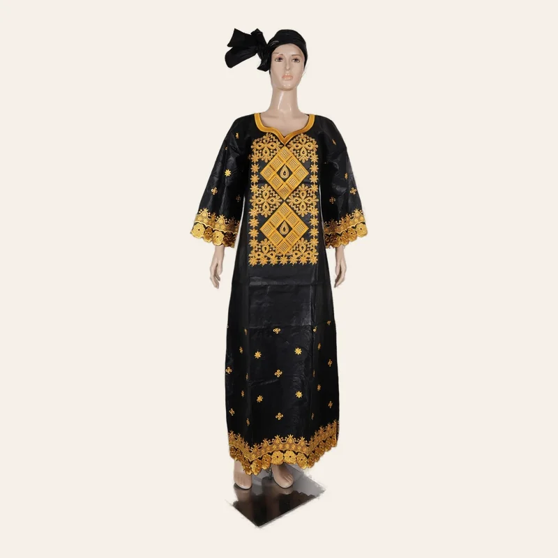 Robe Soirée Mariage Bazin Femme avec Écharpe Noir