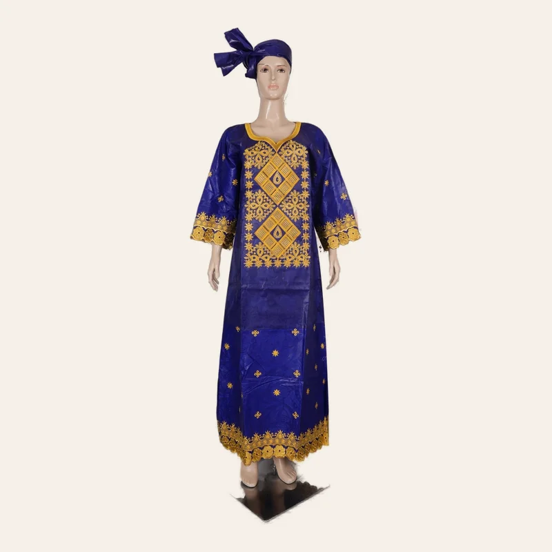 Robe Soirée Mariage Bazin Femme avec Écharpe Bleu